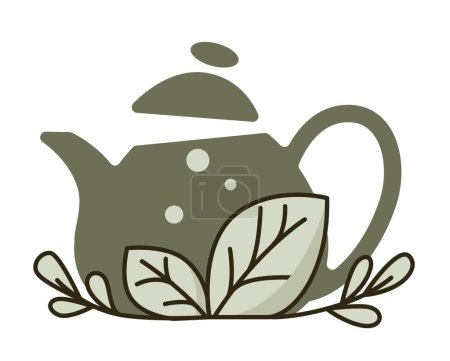 Illustration for Ceramic teapot with mint leaves, isolated tasty liquid with herbs. Herbal beverage brewed in kettle with lid and handle. Breakfast or lunch, restaurant or cafe assortment. Vector in flat style - Royalty Free Image