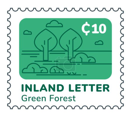 Illustration for Green forest on postmark or postcard landscape with trees and bushes. Nature and wilderness scenery on envelope. Postal mark or card for letters and mail correspondence. Vector in flat style - Royalty Free Image