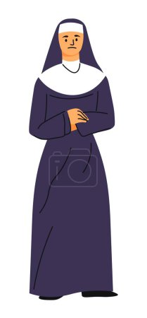 Ilustración de Ropa de monja para Halloween, mujer aislada que usa ropa de vestido largo para el concurso o la competencia. Señora con rosario. Truco o trato, disfraz para la celebración de la fiesta de vacaciones. Vector en estilo plano - Imagen libre de derechos
