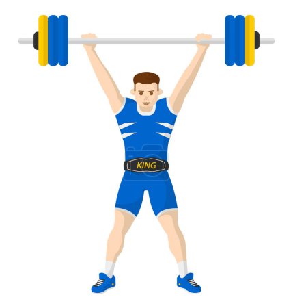 Illustration for Weightlifter male character, isolated man personage with barbell and heavy weights training and practicing. Working out and growing muscles in gym, competition for guy. Vector in flat styles - Royalty Free Image