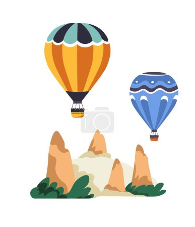 Ilustración de Globos de aire caliente volando sobre el paisaje de Capadocia. Maravilla natural y montañas, colinas y belleza natural. Turquía viajando y Turkiye destino tradicional para los turistas. Vector en estilo plano - Imagen libre de derechos