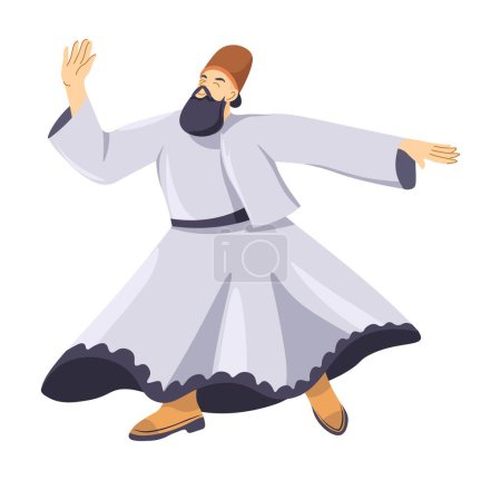 Illustration for Dancing dervish performance, isolated turkish culture and traditions. Man wearing hat and clothes, making swirling movement. Performer for audience, entertainment and show. Vector in flat style - Royalty Free Image