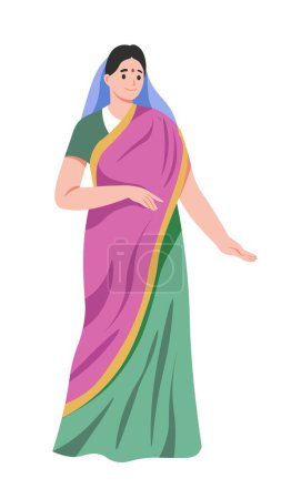 Téléchargez les illustrations : Femme portant saree et voile, personnage féminin isolé dans une longue robe colorée. Vêtements nationaux et traditionnels pour dames, la culture et la mode de l'Inde, fille indienne. Vecteur en style plat - en licence libre de droit