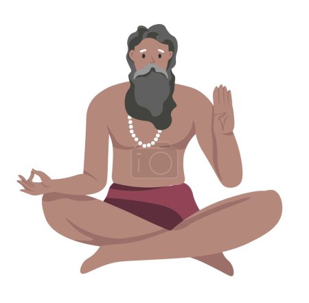 Illustration for Man practicing spirituality and meditation practice, isolated male personage sitting in lotus pose. Training and exercising guy, Buddhist or spiritual character. Vector in flat style illustration - Royalty Free Image
