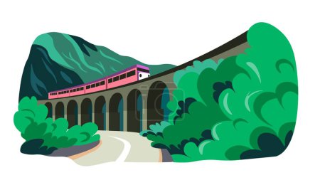 Illustration for Traveling and going on vacation or trip. Tourism and train transport on bridge, nature and landscape diversity. Ecotourism and resting outdoors, scenery with forest trees. Vector in flat style - Royalty Free Image