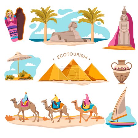 Illustration for Traveling in Africa and ecotourism, isolated ecotourism and Egypt exploration. Egyptian pyramids and beach, mummy and sphinx landmark, vase and camel riding in the desert. Vector in flat style - Royalty Free Image