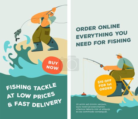 Ilustración de Ordene en línea todo lo que necesita para la pesca, abordar a precios bajos y entrega rápida para los clientes. Hobby tiendas y tiendas descuentos. Banner promocional, publicidad y branding, vector en estilo plano - Imagen libre de derechos