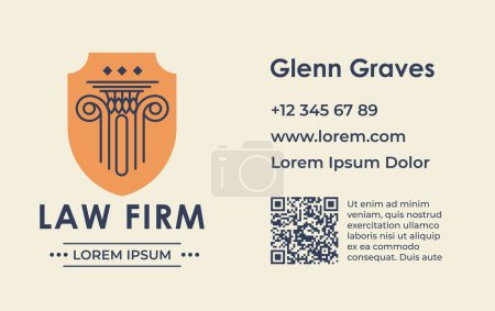 Illustration for Law firm and legal expertise, advise and recommendations from specialist. Phone number and website page, qr code and details about company owner. Business or visiting card, vector in flat style - Royalty Free Image