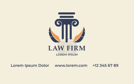 Illustration for Legal expertise of law firm, professional help and advise for clients. Card with logotype of pillar and feathers, phone and website address details. Business or visiting card, vector in flat style - Royalty Free Image