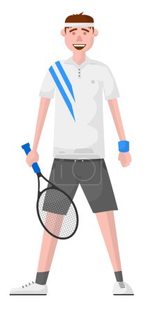 Illustration for Sportsman in uniform, isolated tennis player with raquete wearing comfortable clothes and shoes. Sportive activities and hobby, healthy lifestyle and preparation for competition. Vector in flat style - Royalty Free Image