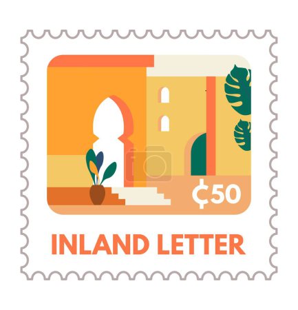 Illustration for Envelope mark with old city architecture and sights. Isolated inland letter postmark or postcard with price. Mail and express delivery service, correspondence postage mark. Vector in flat style - Royalty Free Image