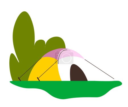 Illustration for Camping site for travelers and tourists. Isolated tent surrounded by nature, trees and vegetation. Flora and landscape outdoors. Campsite for staying over for night. Vector in flat style illustration - Royalty Free Image