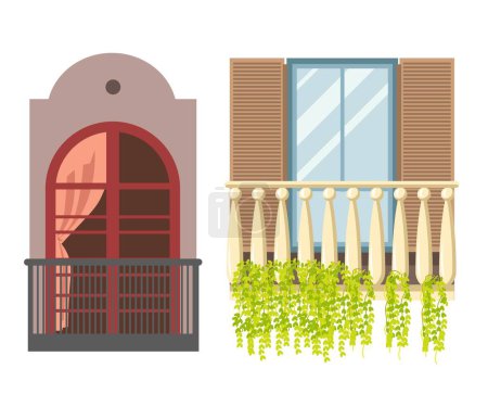 Illustration for Balconies architectural and aesthetic value of building. Decorative architectural feature and ornamental ledges. Classic design adding elegance and charm to house or apartment. Vector in flat style - Royalty Free Image