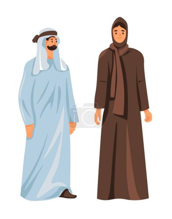 Illustration for Man and woman couple wearing traditional clothes, isolated male and female characters in long robes or dresses. Girl in hijab covering head and feet. Bearded guy in clothes. Vector in flat style - Royalty Free Image