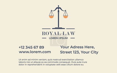 Illustration for Royal law, legal services and advice for clients. Paper with phone number, name and website address, details and street. Business or visiting card, advertisement or branding. Vector in flat style - Royalty Free Image