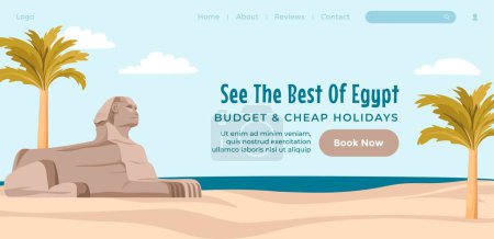 Illustration for Sphinx monument landmark in ancient Egypt. See best of Egyptian culture, historical memorials and architectural wonders in Africa. Website landing page template, internet site vector in flat style - Royalty Free Image