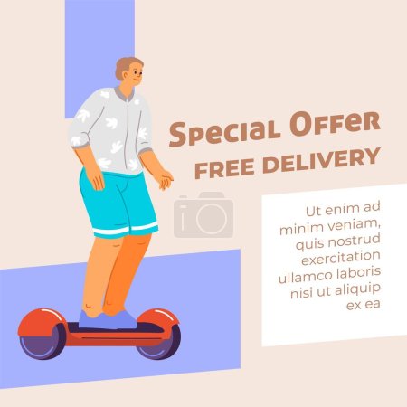 Illustration for Hoverboard special offer and free delivery of product. Special offer for ecologically friendly and clean transports for city. Promotional banner or advertisement poster, vector in flat style - Royalty Free Image