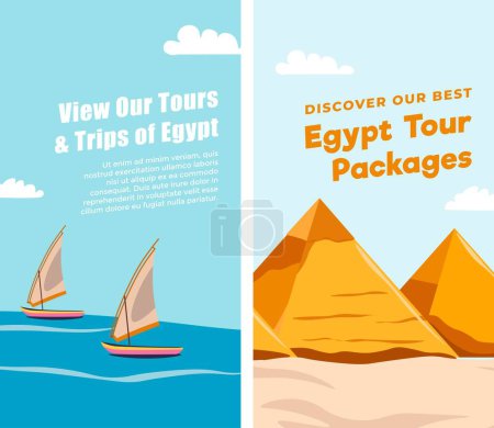 Illustration for Exotic tours to Egypt African country, majestic sights, pyramids of Giza, temples in Luxor, and beaches Sharm El Sheikh, Hurghada. Promotional banner or advertisement poster, vector in flat style - Royalty Free Image