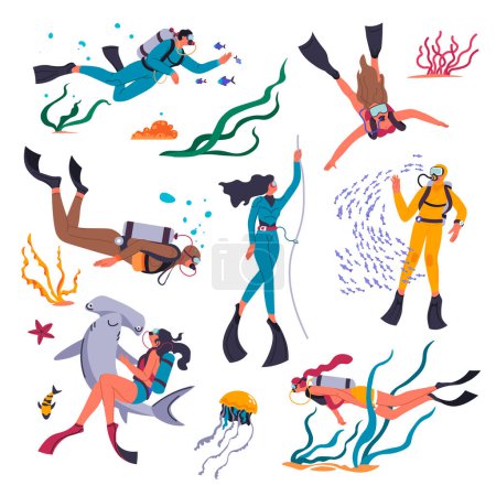 Illustration for Scuba diving people wearing equipment and costumes and flippers for swimming underwater. Exploring bottom of ocean or sea, flora and fauna diversity and beauty of dwellers. Vector in flat style - Royalty Free Image