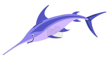 Ilustración de Carácter pez espada con cara sonriente, pescado aislado de mar u océano. Criatura oceánica y acuática con cuerpo alargado y sin escamas, aletas y cola. Oceanario o animal del zoológico. Vector en estilo plano - Imagen libre de derechos