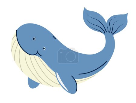Ilustración de Ballena flotando en el agua, aislada sonriente habitante de animales submarinos, bestia de agua salada. Mamífero marino con aleta de cola y soplado. Lindo personaje que vive en el mar o las olas del océano. Vector en estilo plano - Imagen libre de derechos
