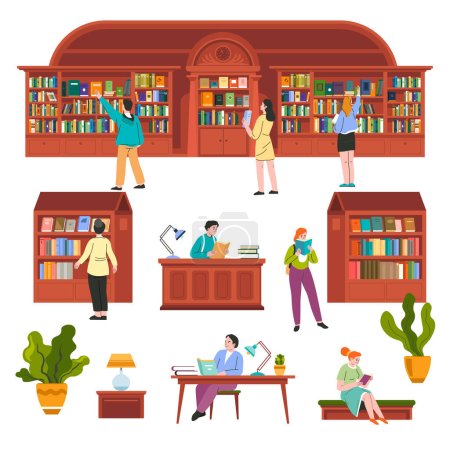 Illustration for Library or educational bookstore. Bookshelves in ancient style with stacks and rows of anthologies, antique and modern bookshop interior. Readers or buyers choose books for study. Vector in flat style - Royalty Free Image