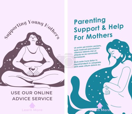 Illustration for Online consultations with professional psychologists, and doctors during pregnancy, childbirth and child care. Help for young mothers. Website landing page template, internet site. Vector in flat - Royalty Free Image
