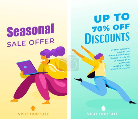 Illustration for Seasonal sale of goods, offers and deals, discounts on clothes and electronics. Girl with the laptop. Woman running happily. Promotional banner or advertisement poster. Vector in flat styles - Royalty Free Image