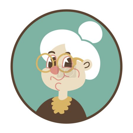 Téléchargez les illustrations : Avatar ou portrait d'une femme âgée aux cheveux gris. Grand-mère isolée posant pour la photo de l'arbre généalogique, dame portant des lunettes et des vêtements à l'ancienne. Personnage féminin. Vecteur dans les styles plats - en licence libre de droit