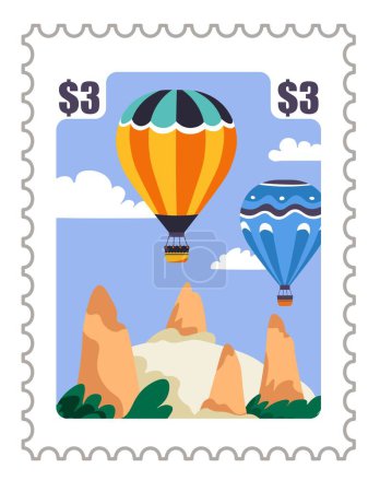 Ilustración de Postal con globos aéreos sobrevolando el paisaje de Capadocia. Maravilla natural y montañas, colinas belleza natural. Turkiye destino para los turistas. Marca postal o tarjeta adhesiva. Vector en estilo plano - Imagen libre de derechos