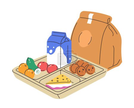 Lunch box with fruits and vegetables, dairy product and healthy snacks. Isolated paper bag and meal container with food and drink. Rational and balanced nutrition for wellness. Vector in flat style
