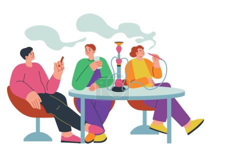 Illustration for People resting and relaxing on weekends, isolated friends smoking hookah with pipes, sitting by table. Cartoon personages on weekend in pub or night club having fun enjoying life. Vector in flat style - Royalty Free Image