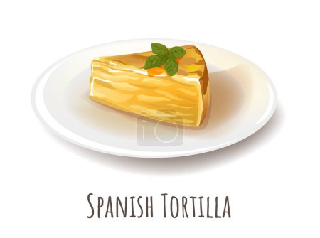 Téléchargez les illustrations : Tortilla ou omelette espagnole traditionnelle. Assiette isolée avec plat à base d'œufs, pommes de terre et oignons. Déjeuner décontracté ou partie de dîner. Repas pour une alimentation équilibrée et un régime alimentaire. Vecteur en style plat - en licence libre de droit