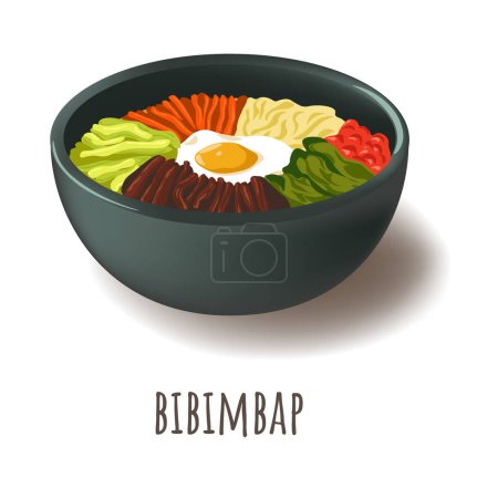 Bibimbap, East Asian traditional food, Korean cuisine. Isolated bowl of steamed rice topped with variety of seasoned vegetables, cooked meat, fried or raw egg and red chili paste. Vector in flat style
