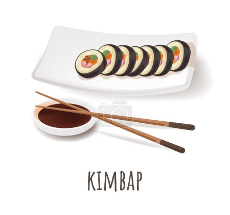 Koreanisches Sushi, Kimbap-Algen-Reisrolle gefüllt mit verschiedenen Füllungen. Isolierter Teller mit Gimbap-Scheiben, Essstäbchen und Sojasauce zum Dippen. Schneller und schmackhafter Snack. Vektor im flachen Stil