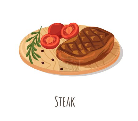 Téléchargez les illustrations : Viande de steak, morceau isolé de bœuf ou de porc grillé avec tomates et brin de romarin. Tranche épaisse de produit riche en protéines et en graisses. Plat servi dans un restaurant. Vecteur en style plat - en licence libre de droit