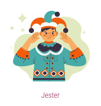 Téléchargez les illustrations : Jester Jungian archetype of person, isolated personage valuing fun and humor. Psychological types and knowing of self, development and improvement of personality. Vector in flat styles illustration - en licence libre de droit