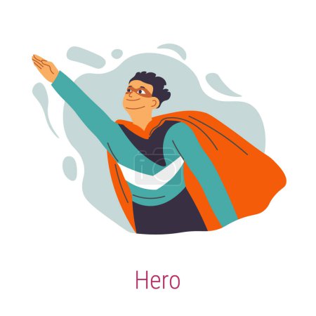 Illustration for Hero Jungian archetype, isolated male personage wearing cape and mask saving world. Psychology and personal growth and development, getting to know self and transforming. Vector in flat styles - Royalty Free Image