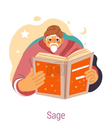 Illustration for Sage Jungian archetype of wisdom, knowledge and power. Isolated old man personage reading book, scientist, getting to know oneself. Psychology and personal development. Vector in flat styles - Royalty Free Image