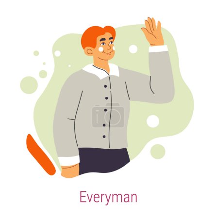 Illustration for Everyman Jungian archetype, isolated man personage wearing ordinary clothes waving hand. Virtuous and morality traits, psychology discovery of oneself and character. Vector in flat styles illustration - Royalty Free Image