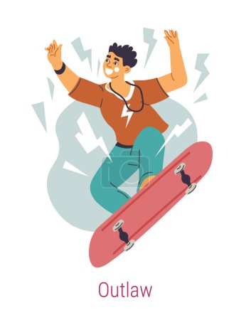 Illustration for Outlaw Jungian archetype, isolated teenager on skateboard smiling. Boy yearns for liberation from oppression, psychology and character traits. Self discovery and development. Vector in flat styles - Royalty Free Image
