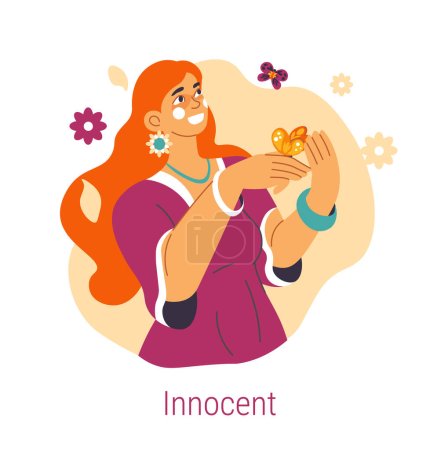 Illustration for Innocent Jungian archetype, woman pure, virtuous and faultless, free from responsibility. Isolated female personage with flowers and butterflies. Psychology and self development. Vector in flat styles - Royalty Free Image