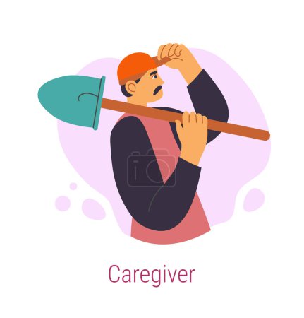 Illustration for Caregiver Jungian archetype, compassionate and generous, efficient and self sacrificing, patient personage. Psychology and character traits of type, man with shovel at work. Vector in flat styles - Royalty Free Image