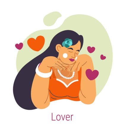 Illustration for Lover Jungian archetype, isolated female personage feeling love and intimate feeling. Long for close relationship, partnership and closeness. Psychology and self discovery. Vector in flat styles - Royalty Free Image