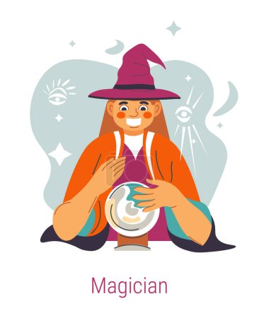 Illustration for Magician Jungian archetype, isolated female character witch or wizard with magic ball. Psychology and traits of personality, self discovery and improvement of individuality. Vector in flat style - Royalty Free Image