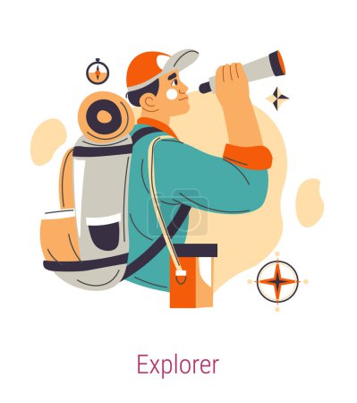 Illustration for Explorer Jungian archetype, man with bag looking through binoculars. Inquisitive people with social side, character traits and psychology. Male curious about world surrounding. Vector in flat styles - Royalty Free Image