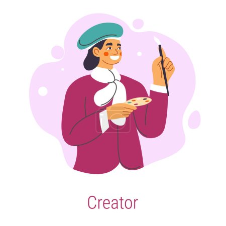 Illustration for Creator Jungian archetype, artist full of inspiration, creativity and ideas. Isolated personage with art brush and palette. Psychology type, self discovery and improvement. Vector in flat styles - Royalty Free Image
