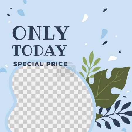 Illustration for Shopping for whole family, discounts on your favorite products. Reasonable prices, regular promotions. Banner with tropical flowers. Promotional poster with transparent frame. Vector in flat style - Royalty Free Image