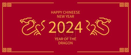 Ilustración de Wishing You Prosperity in 2024: Chinese New Year Horizontal Banner Template. Tarjeta de felicitación roja y dorada para el año del dragón. Fondo de vector japonés elegante. - Imagen libre de derechos