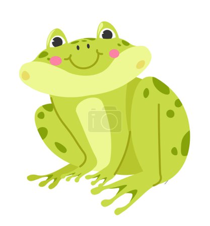 Ilustración de Criatura acuática que respira por su piel. Personaje de rana aislada con expresión facial sonriente y mejillas rosadas. Anfibio sin cola, retrato de paddock con piernas largas. Vector en estilo plano - Imagen libre de derechos